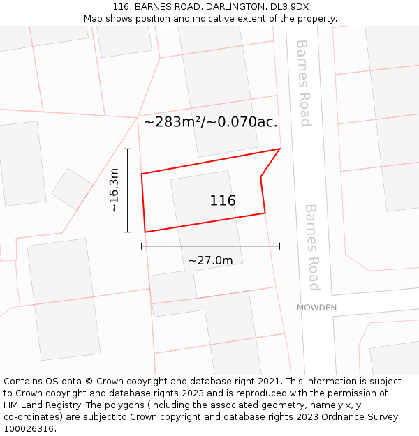 116, BARNES ROAD, DARLINGTON, DL3 9DX: Plot and title map