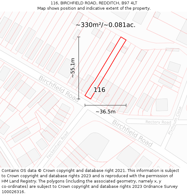 116, BIRCHFIELD ROAD, REDDITCH, B97 4LT: Plot and title map