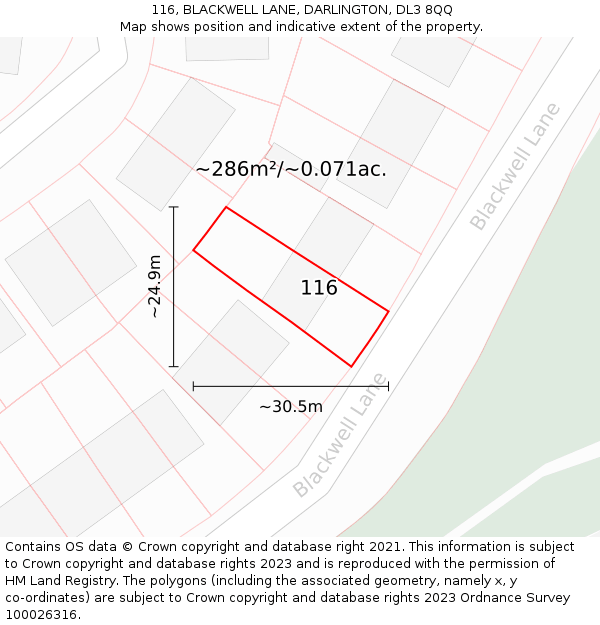 116, BLACKWELL LANE, DARLINGTON, DL3 8QQ: Plot and title map