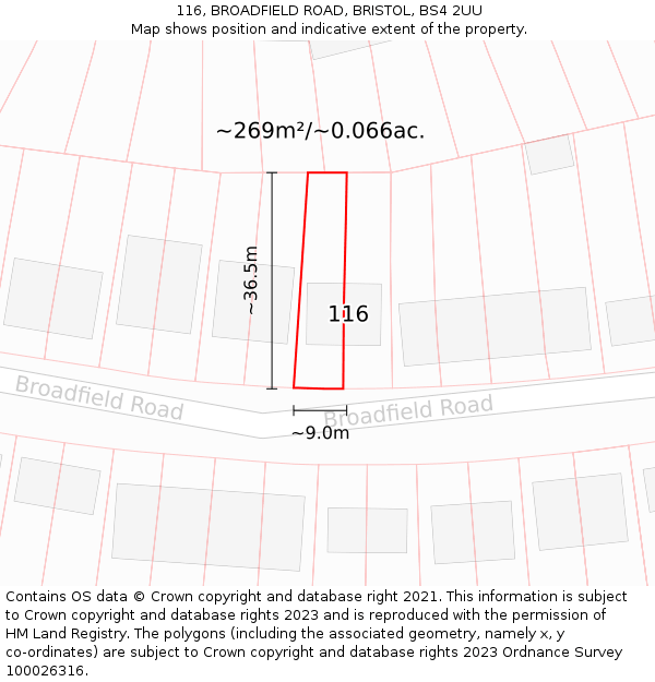 116, BROADFIELD ROAD, BRISTOL, BS4 2UU: Plot and title map