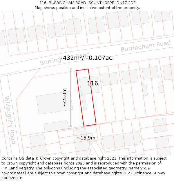 116, BURRINGHAM ROAD, SCUNTHORPE, DN17 2DE: Plot and title map