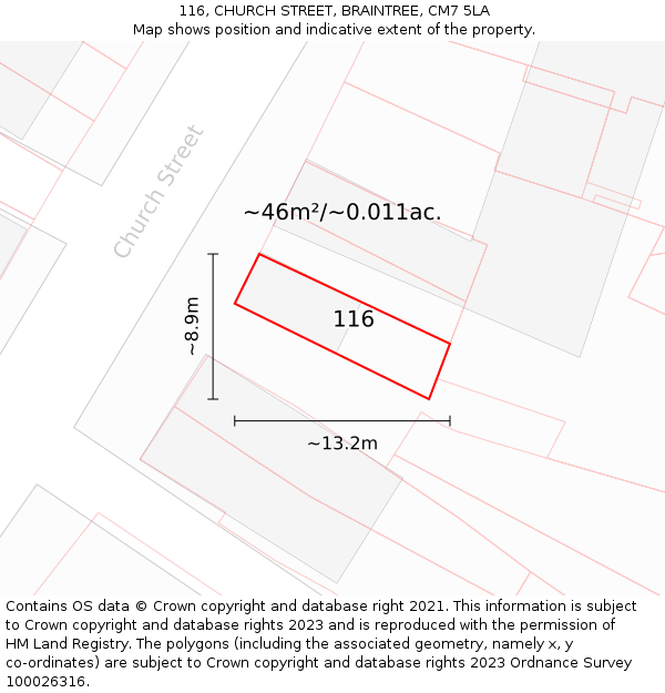 116, CHURCH STREET, BRAINTREE, CM7 5LA: Plot and title map
