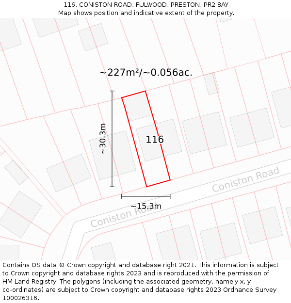 116, CONISTON ROAD, FULWOOD, PRESTON, PR2 8AY: Plot and title map