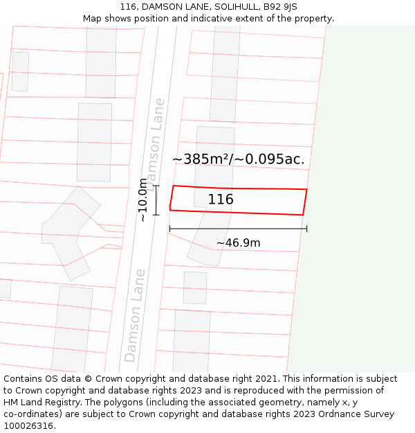 116, DAMSON LANE, SOLIHULL, B92 9JS: Plot and title map