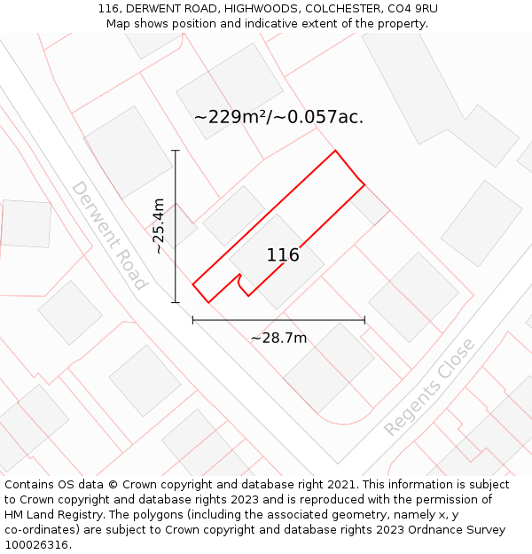 116, DERWENT ROAD, HIGHWOODS, COLCHESTER, CO4 9RU: Plot and title map