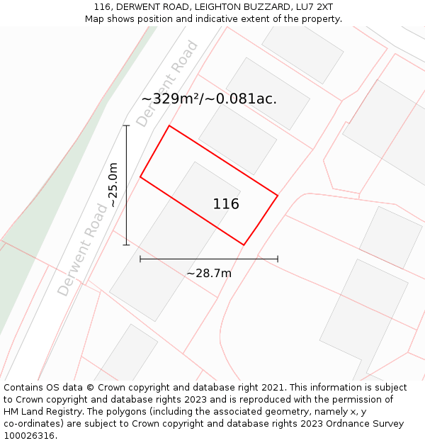 116, DERWENT ROAD, LEIGHTON BUZZARD, LU7 2XT: Plot and title map