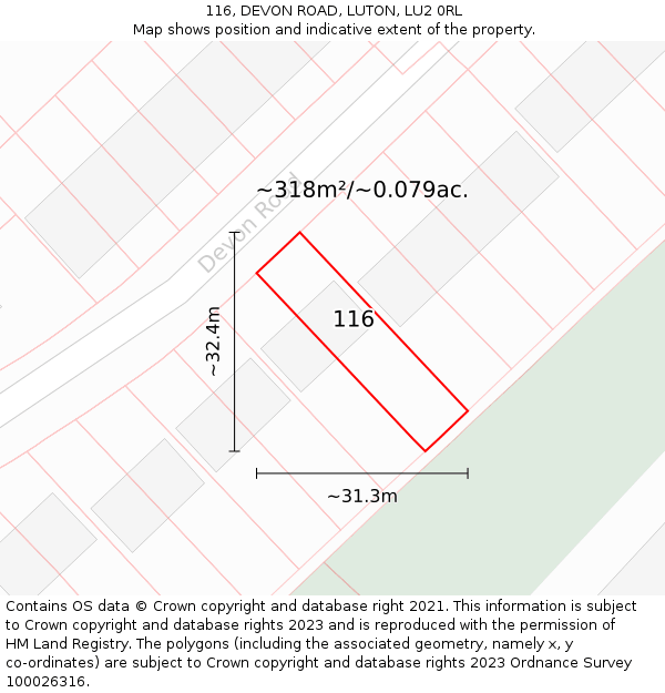 116, DEVON ROAD, LUTON, LU2 0RL: Plot and title map
