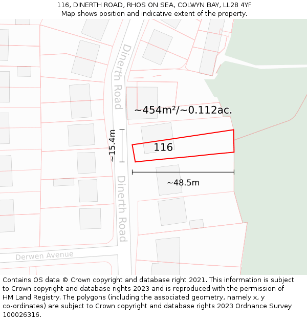 116, DINERTH ROAD, RHOS ON SEA, COLWYN BAY, LL28 4YF: Plot and title map