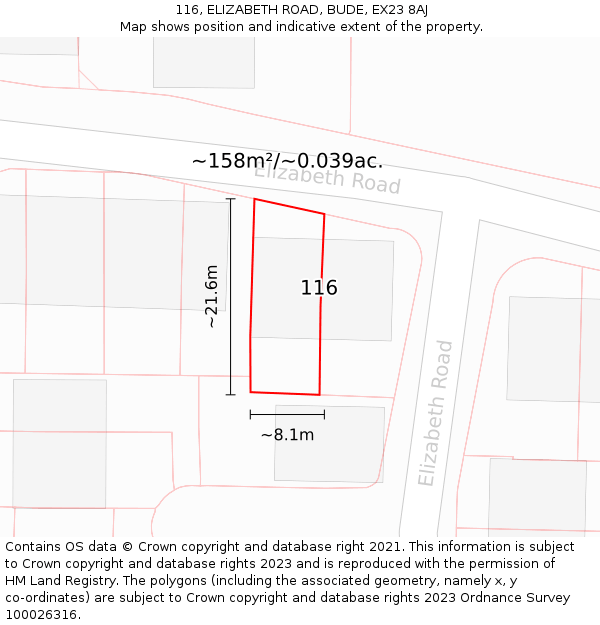 116, ELIZABETH ROAD, BUDE, EX23 8AJ: Plot and title map