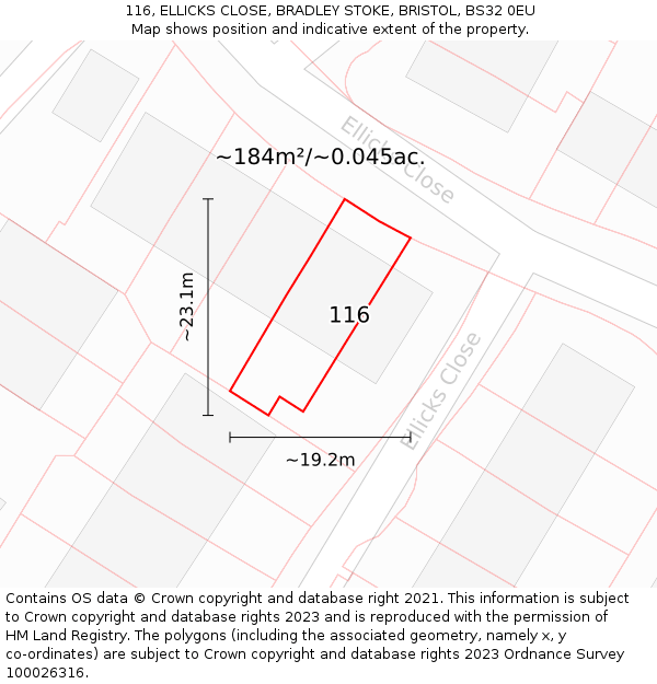 116, ELLICKS CLOSE, BRADLEY STOKE, BRISTOL, BS32 0EU: Plot and title map