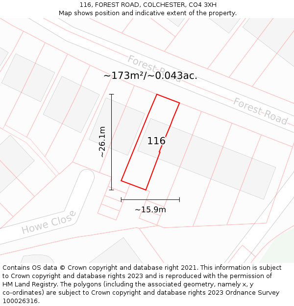 116, FOREST ROAD, COLCHESTER, CO4 3XH: Plot and title map