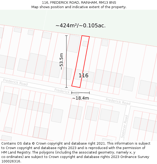 116, FREDERICK ROAD, RAINHAM, RM13 8NS: Plot and title map