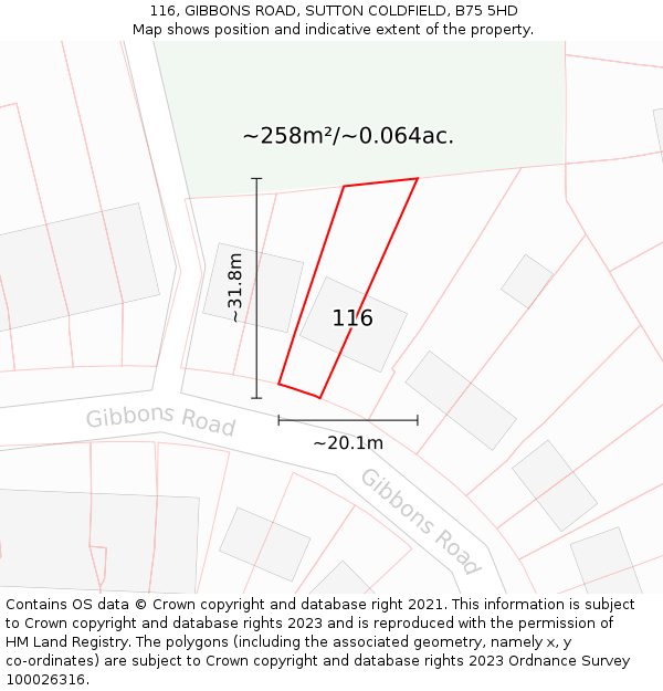 116, GIBBONS ROAD, SUTTON COLDFIELD, B75 5HD: Plot and title map