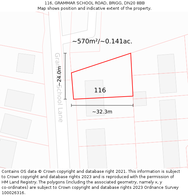 116, GRAMMAR SCHOOL ROAD, BRIGG, DN20 8BB: Plot and title map