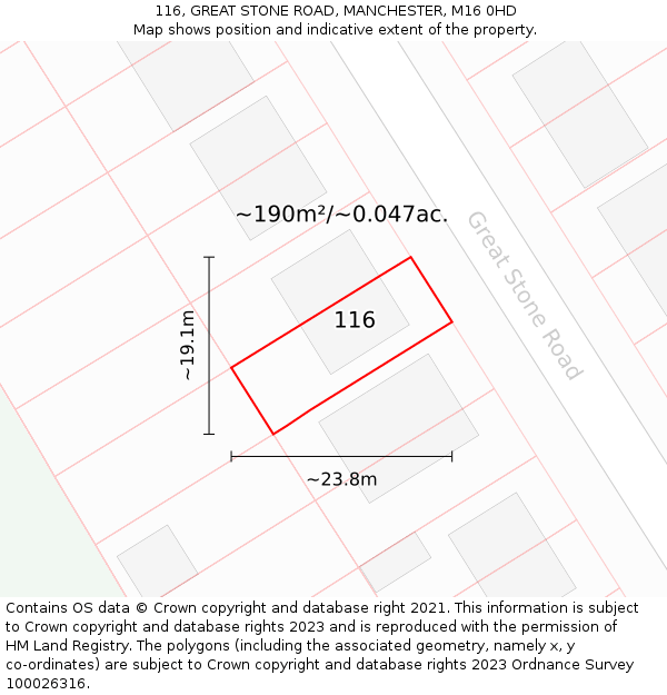 116, GREAT STONE ROAD, MANCHESTER, M16 0HD: Plot and title map