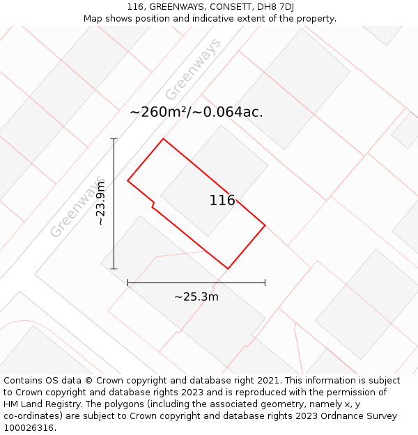 116, GREENWAYS, CONSETT, DH8 7DJ: Plot and title map