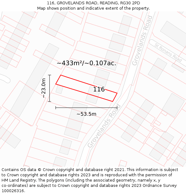 116, GROVELANDS ROAD, READING, RG30 2PD: Plot and title map