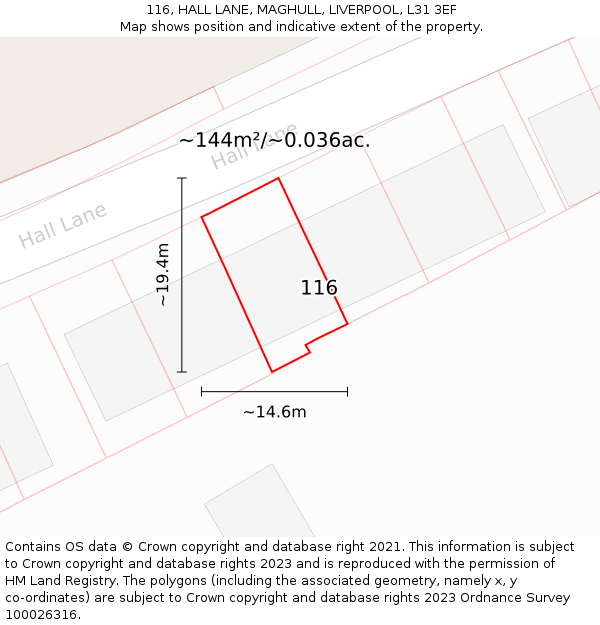 116, HALL LANE, MAGHULL, LIVERPOOL, L31 3EF: Plot and title map