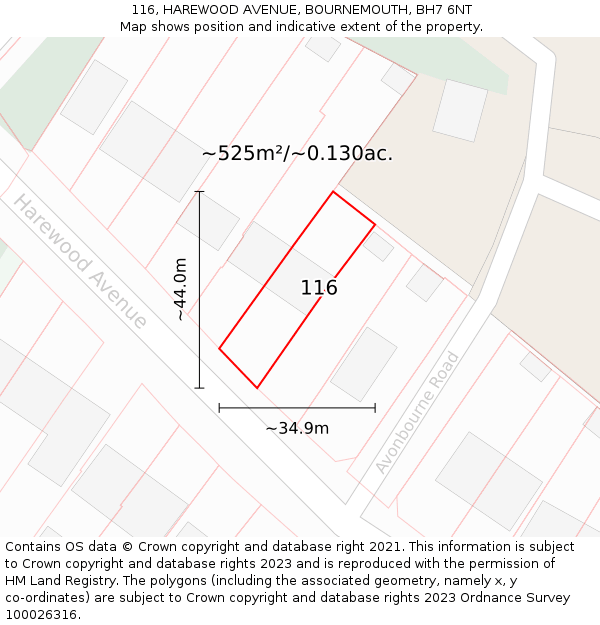 116, HAREWOOD AVENUE, BOURNEMOUTH, BH7 6NT: Plot and title map