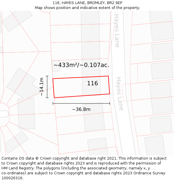 116, HAYES LANE, BROMLEY, BR2 9EP: Plot and title map