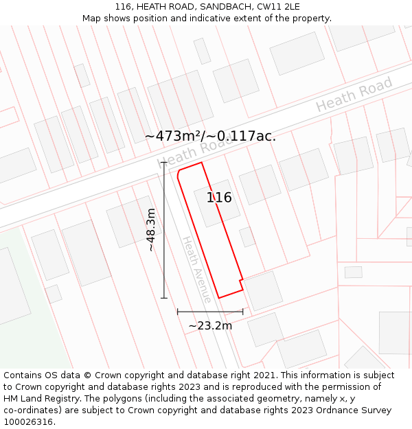 116, HEATH ROAD, SANDBACH, CW11 2LE: Plot and title map
