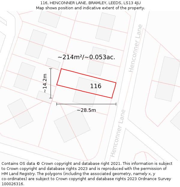 116, HENCONNER LANE, BRAMLEY, LEEDS, LS13 4JU: Plot and title map