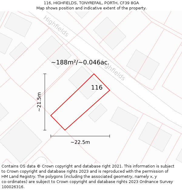 116, HIGHFIELDS, TONYREFAIL, PORTH, CF39 8GA: Plot and title map
