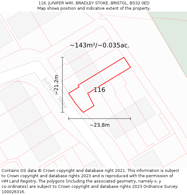 116, JUNIPER WAY, BRADLEY STOKE, BRISTOL, BS32 0ED: Plot and title map