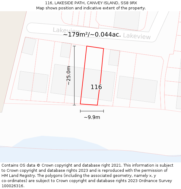 116, LAKESIDE PATH, CANVEY ISLAND, SS8 9RX: Plot and title map