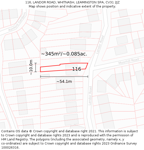 116, LANDOR ROAD, WHITNASH, LEAMINGTON SPA, CV31 2JZ: Plot and title map
