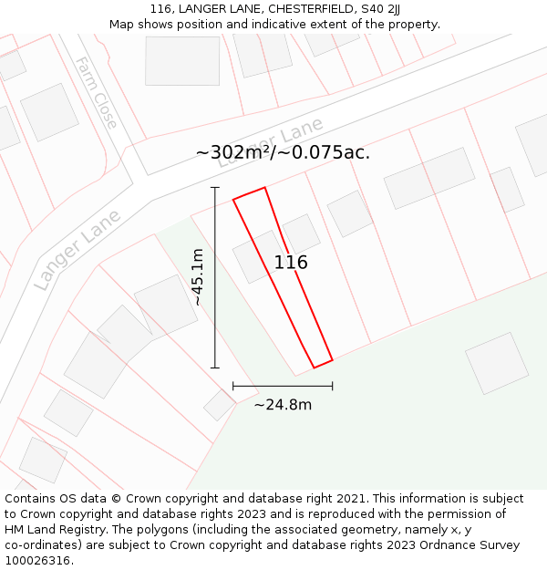 116, LANGER LANE, CHESTERFIELD, S40 2JJ: Plot and title map
