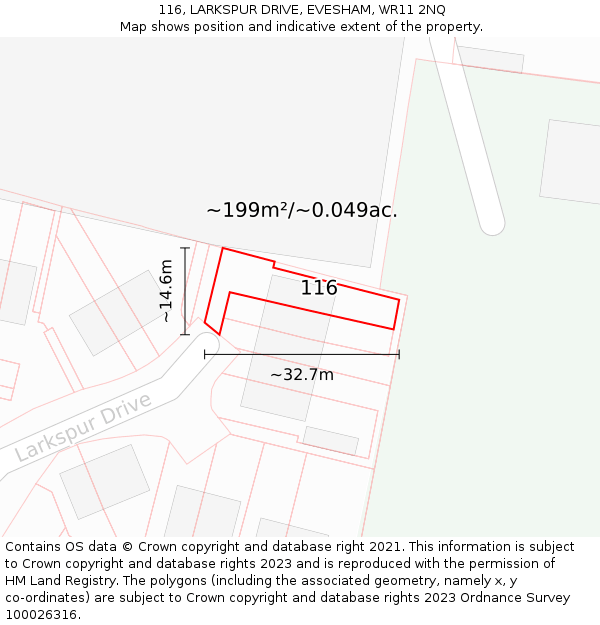 116, LARKSPUR DRIVE, EVESHAM, WR11 2NQ: Plot and title map