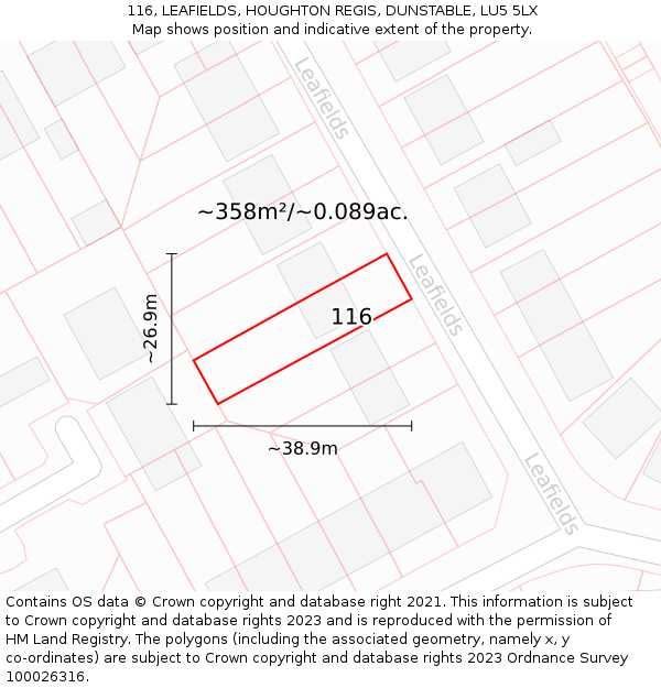 116, LEAFIELDS, HOUGHTON REGIS, DUNSTABLE, LU5 5LX: Plot and title map