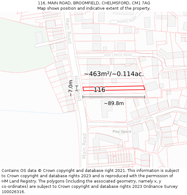 116, MAIN ROAD, BROOMFIELD, CHELMSFORD, CM1 7AG: Plot and title map
