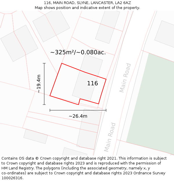 116, MAIN ROAD, SLYNE, LANCASTER, LA2 6AZ: Plot and title map