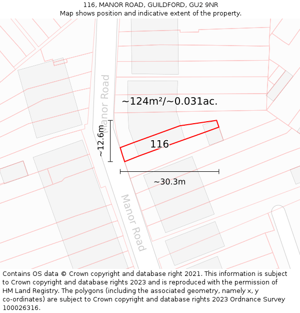 116, MANOR ROAD, GUILDFORD, GU2 9NR: Plot and title map