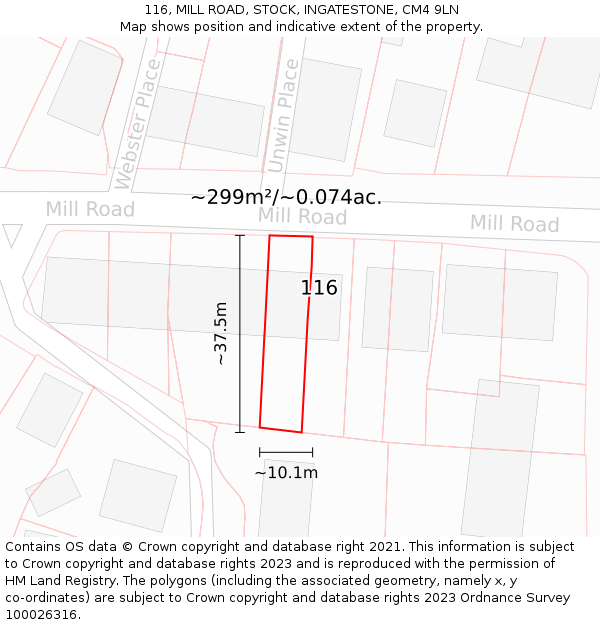 116, MILL ROAD, STOCK, INGATESTONE, CM4 9LN: Plot and title map
