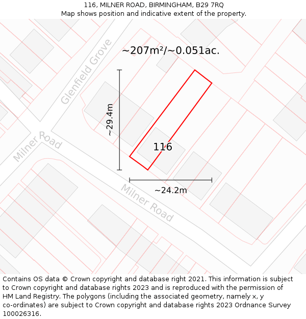 116, MILNER ROAD, BIRMINGHAM, B29 7RQ: Plot and title map