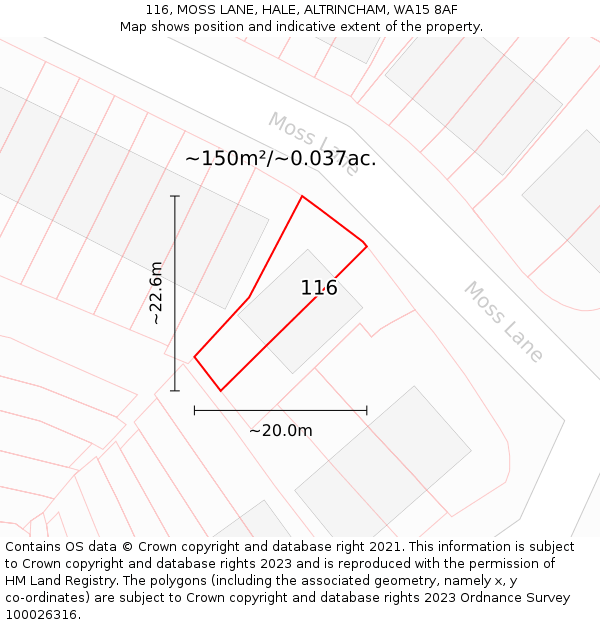 116, MOSS LANE, HALE, ALTRINCHAM, WA15 8AF: Plot and title map