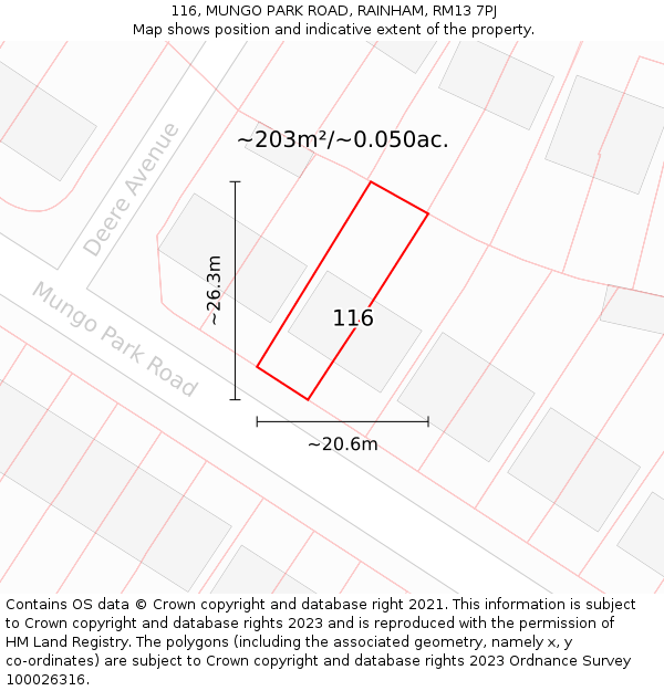 116, MUNGO PARK ROAD, RAINHAM, RM13 7PJ: Plot and title map