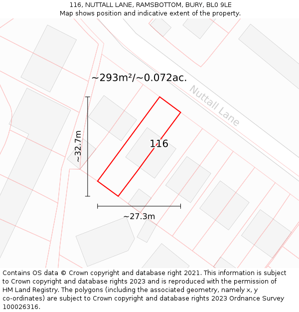 116, NUTTALL LANE, RAMSBOTTOM, BURY, BL0 9LE: Plot and title map