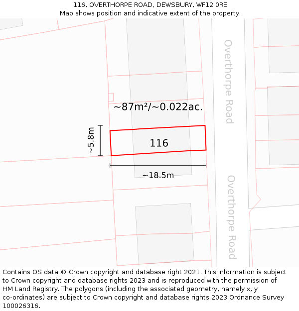 116, OVERTHORPE ROAD, DEWSBURY, WF12 0RE: Plot and title map
