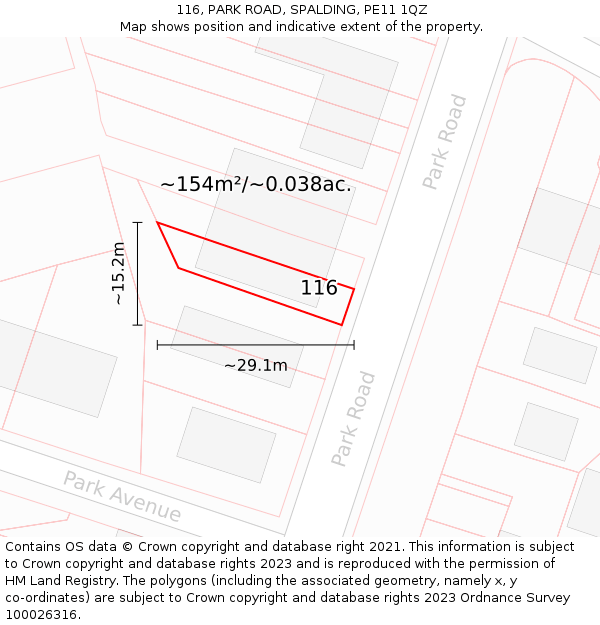 116, PARK ROAD, SPALDING, PE11 1QZ: Plot and title map