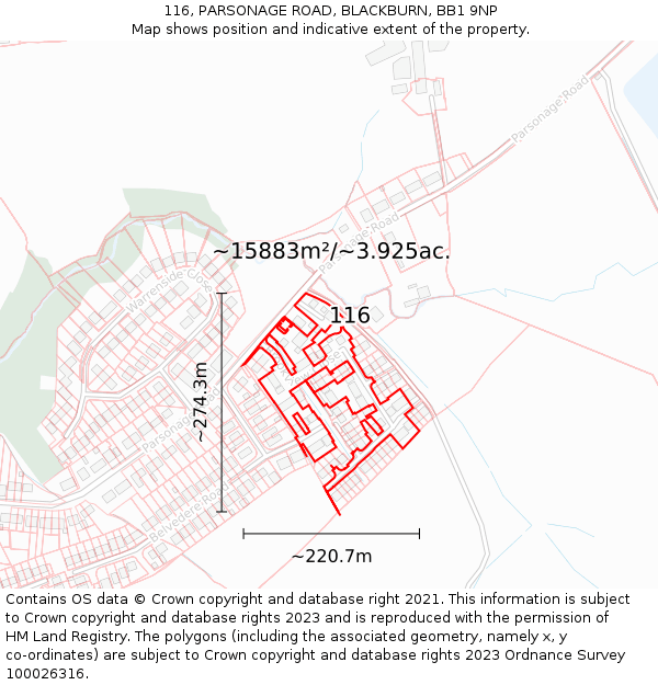 116, PARSONAGE ROAD, BLACKBURN, BB1 9NP: Plot and title map