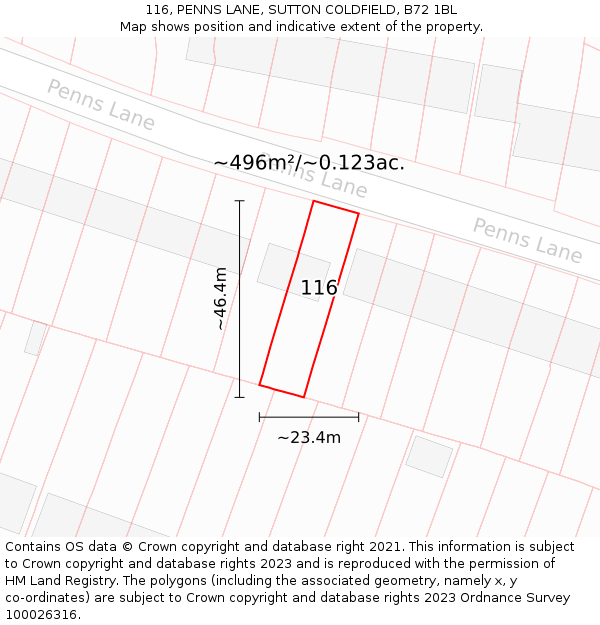 116, PENNS LANE, SUTTON COLDFIELD, B72 1BL: Plot and title map