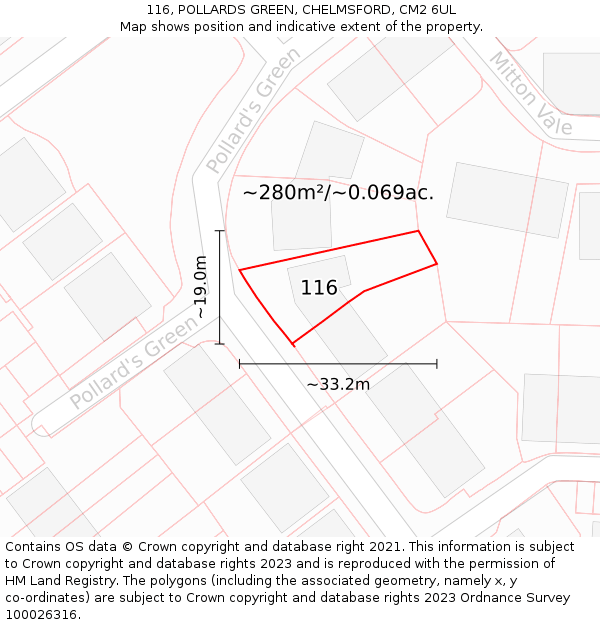 116, POLLARDS GREEN, CHELMSFORD, CM2 6UL: Plot and title map