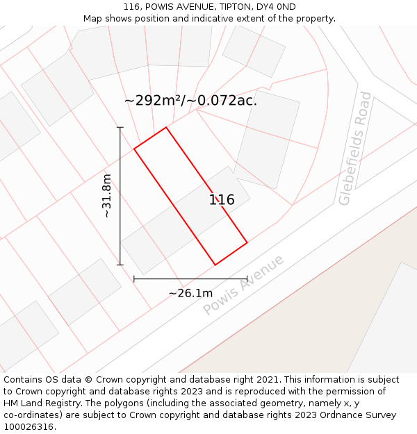 116, POWIS AVENUE, TIPTON, DY4 0ND: Plot and title map