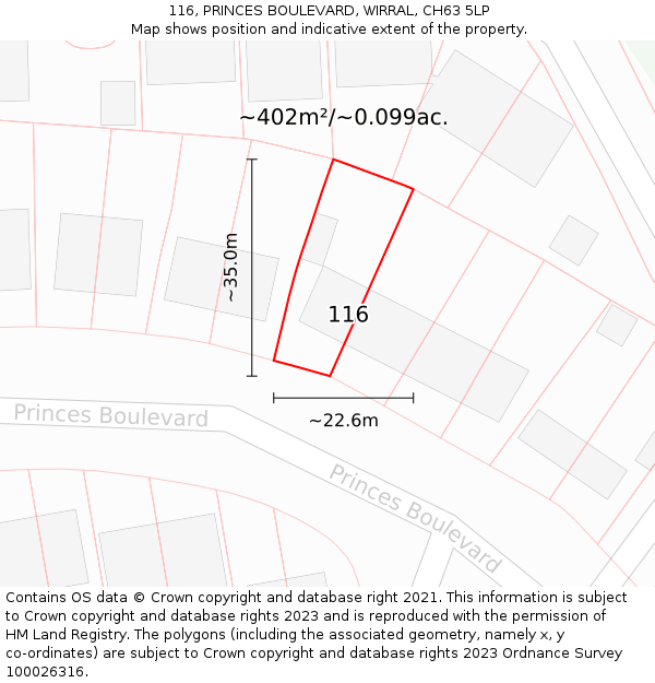 116, PRINCES BOULEVARD, WIRRAL, CH63 5LP: Plot and title map