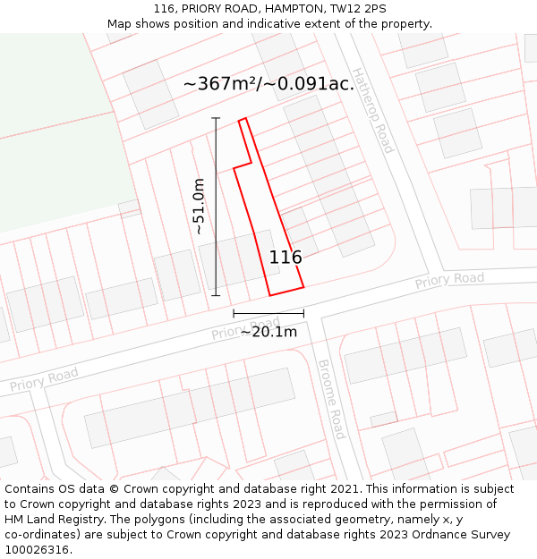 116, PRIORY ROAD, HAMPTON, TW12 2PS: Plot and title map