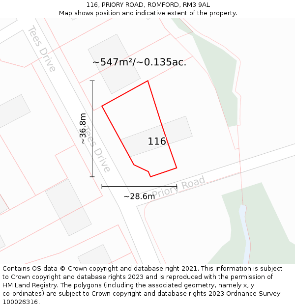 116, PRIORY ROAD, ROMFORD, RM3 9AL: Plot and title map